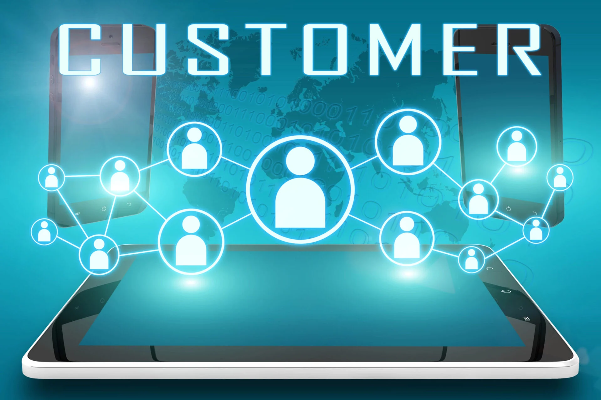 Matrix graphic of people figures on a futuristic background with the word Customers across the top