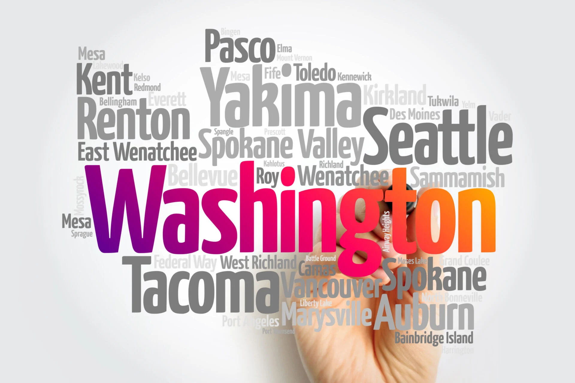 List of cities in Washington state, cloud map concept